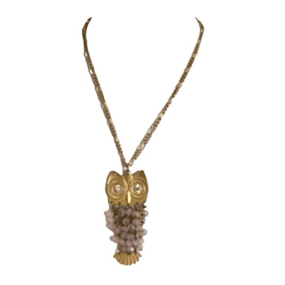 Gold Tone Owl Pendant Large Chain Necklace statement Pink beads - Picture 8 of 8
